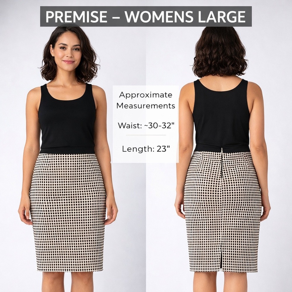 Premise Womens Large Black White Grid Pencil Skirt Elastic Waist Back ZipStretch
